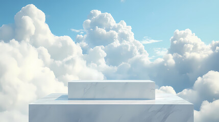 sleek marble podium in a heavenly cloud setting with a deep blue sky background. heavenly. illustrat
