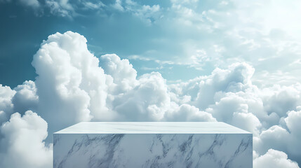 sleek marble podium in a heavenly cloud setting with a deep blue sky background. heavenly. illustrat