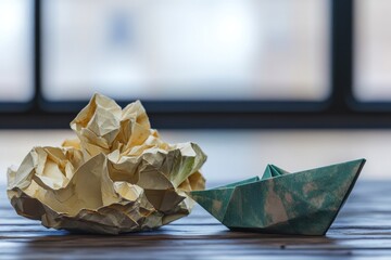 Poster - A paper boat and a paper ball sit on a table, both crafted from paper