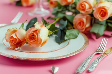 Poster - Pink table setting decorated with roses and silverware, perfect for romantic dinner or special occasion