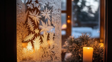 Poster - Frosted window with intricate designs, soft candlelight, and a cozy winter atmosphere.