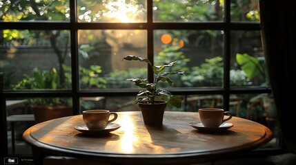 Canvas Print - Sunrise illuminates coffee cups on a wooden table by a window.