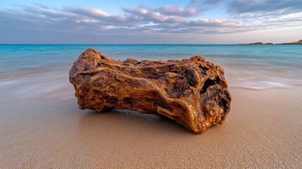 Wall Mural - Ocean's Treasure: Sun-kissed driftwood rests on a tranquil beach, the gentle waves caressing the shore at sunset. A serene coastal scene. 