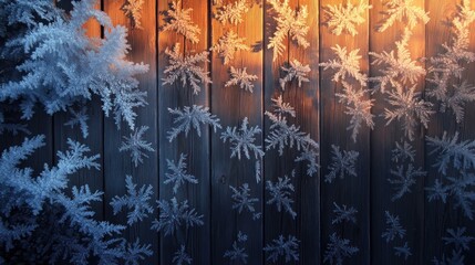 Poster - Frosty snowflakes adorn a wooden surface, creating a serene winter scene.