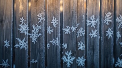 Poster - Frosty snowflakes on a wooden surface, creating a serene winter atmosphere.
