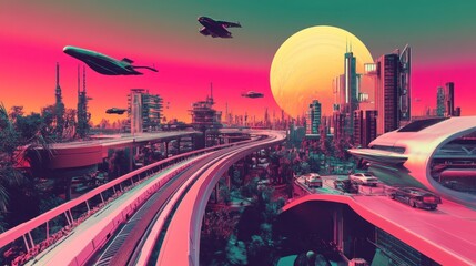 Aufkleber - Futuristic cityscape with flying vehicles and vibrant sunset colors.