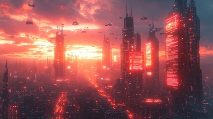 Aufkleber - Futuristic cityscape with neon lights and flying vehicles at sunset.