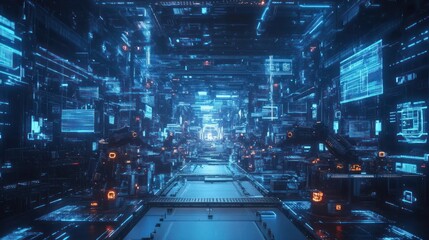 Aufkleber - Futuristic digital environment with glowing circuits and data displays.