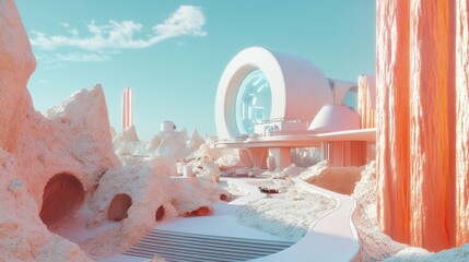 Poster - Futuristic landscape featuring surreal architecture and vibrant colors.
