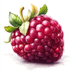 Wall Mural - Close-up Illustration of a Fresh, Vibrant Raspberry with Detailed Texture Showcasing Nature's Bright Reds and Greens on a Clean White Background