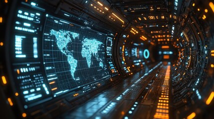 Poster - Futuristic tunnel with digital world map and glowing interface elements.