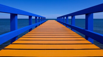 Wall Mural - Blue Bridge to the Horizon: A wooden bridge, painted bright blue, stretches towards a distant horizon over the vast expanse of the ocean.