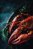 A close-up shot of a whole lobster sitting on a plate, ready to be served