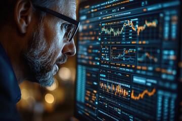 Poster - A person with glasses sitting in front of a computer, focused on the screen