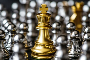 Poster - A golden chess piece surrounded by silver ones on a dark or light background