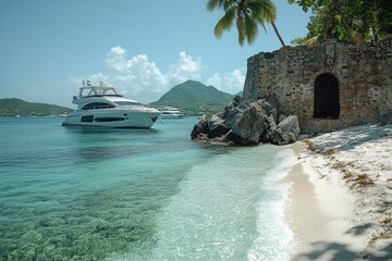 Poster - A boat sailing on calm waters near a sandy beach, perfect for a relaxing day by the ocean