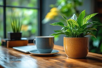 Poster - A coffee cup and saucer placed on a wooden table, perfect for daily use or as a decorative piece