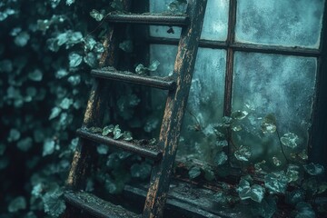 Poster - A worn out ladder leans against a window with ivy growing on it