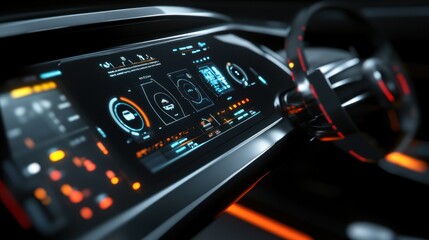 Poster - modern car dashboard with digital display and controls for navigation and entertainment.