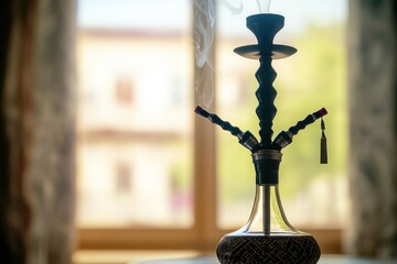 Poster - A simple black and white vase sits on a table, perfect for decorating or as a prop in your scene