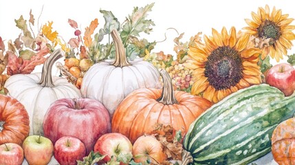 Aufkleber - A vibrant still life arrangement featuring pumpkins, apples, and sunflowers