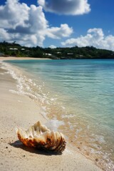 Poster - A single shell sits on a sandy beach near the ocean, perfect for use in travel or nature-themed designs