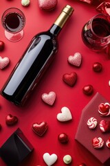 Aufkleber - A bottle of red wine surrounded by hearts, perfect for romantic occasions or Valentine's Day celebrations