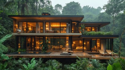 Poster - Modern house surrounded by lush greenery, featuring large windows and a wooden deck.