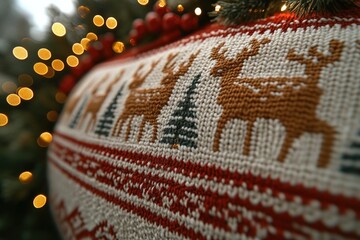 Aufkleber - Close-up shot of a handmade knitted pillow with soft light in the background