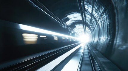 A high-speed train coming out of a tunnel, with the train lights still glowing in the darkness, and bright daylight flooding in ahead