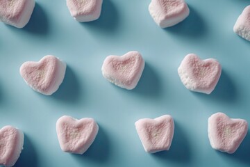 Poster - A cluster of pink heart shaped marshmallows on a blue surface, perfect for food or gift photography
