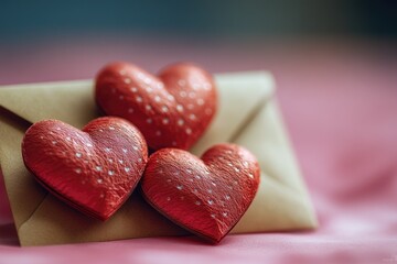 Aufkleber - Three chocolate hearts on top of a letter or package, perfect for Valentine's Day or romantic gestures