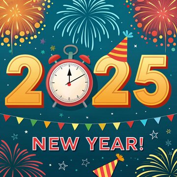 Celebrating 2025 New Year.Elegant card for event with abstract golden fireworks