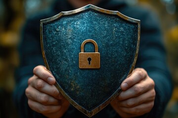 Poster - A person holds a metal shield with a padlock, perfect for securing something or protecting an entrance