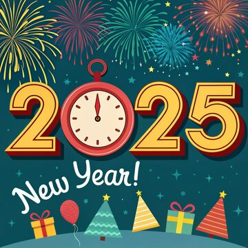 Celebrating 2025 New Year.Elegant card for event with abstract golden fireworks