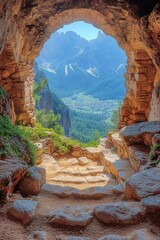 Poster - A view of mountains from inside a cave