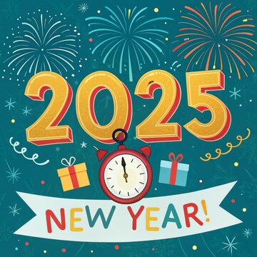 Celebrating 2025 New Year.Elegant card for event with abstract golden fireworks