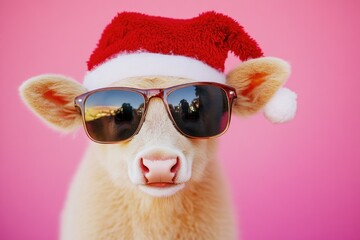 Poster - A goat dressed in Santa hat and sunglasses