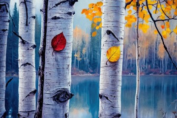 Poster - Picture of birch trees near a serene lake