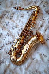 Poster - A golden saxophone resting on a sheet of music, ready to play a tune