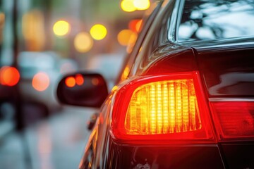 Poster - A close-up shot of a car's tail light on a city street at night