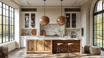 Poster - Modern kitchen with natural materials and large windows, showcasing elegance and functionality.
