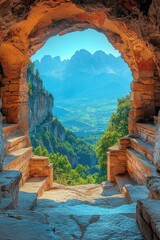 Poster - A mountain landscape visible through a window, great for use as a background or in travel-related projects