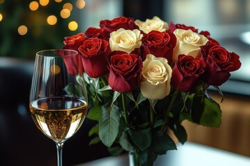 Poster - A vase of roses and a glass of wine on a table