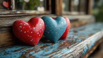 Poster - Two red and blue hearts sit together on a wooden bench, perfect for romantic gestures or love-themed designs