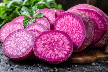 Wall Mural - Close-up shot of sliced purple vegetables arranged on a cutting board, ideal for use in food or cooking related contexts