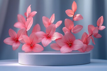 Poster - A white pedestal with pink flowers on top