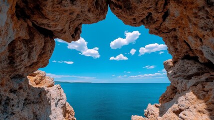 Wall Mural - Ocean View Through Rock Arch: A breathtaking view of the ocean, framed by a natural rock arch, with the bright blue sky and fluffy clouds above.