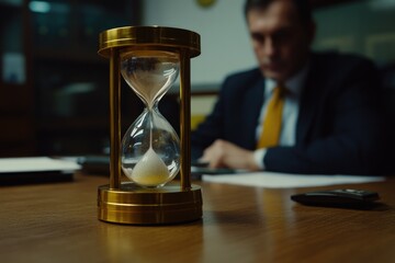 Poster - A businessman sits at a desk with an hourglass, symbolizing the importance of time management