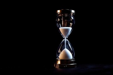 Poster - An hourglass with white sand flowing down against a dark black background, perfect for representing time or clockwork concepts